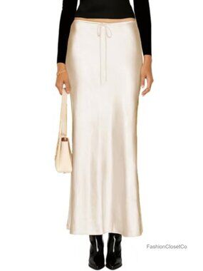 Satin Maxi Skirt High Waist Drawstring A-Line Silk Long Skirt
